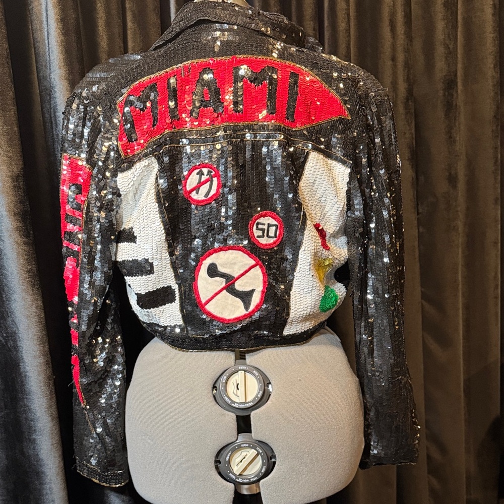 Black Sequin Embellished Jacket with Red MIAMI Patch